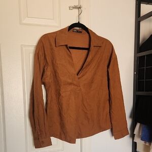 Shein Brown V Neck Long Sleeve Blouse XS